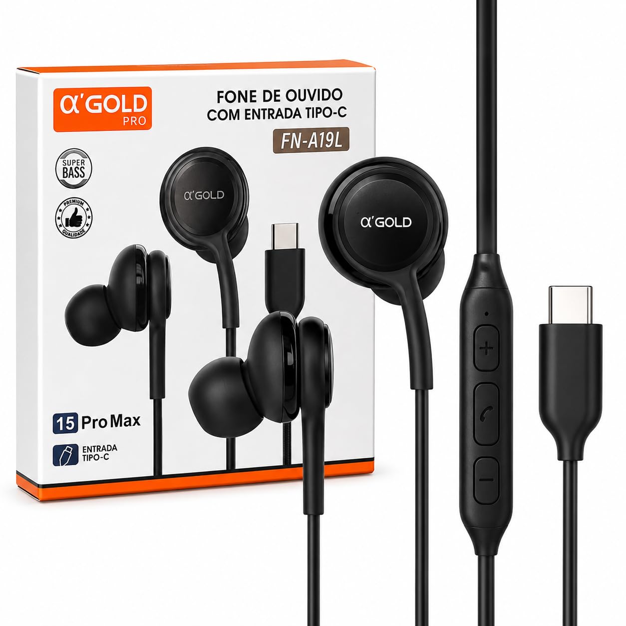 Fone de Ouvido com Fio Tipo C com Microfone e Controle de Volume - PREMIUM