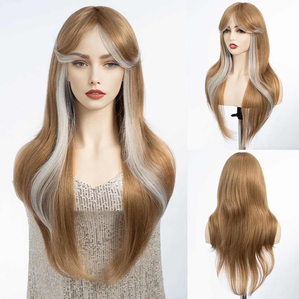 DÉBUT Long Blonde Wig With Fringe for Women Heat Resistant Synthetic Layered Hair Wigs With Bangs for Daily Party Cosplay Use(26 inches