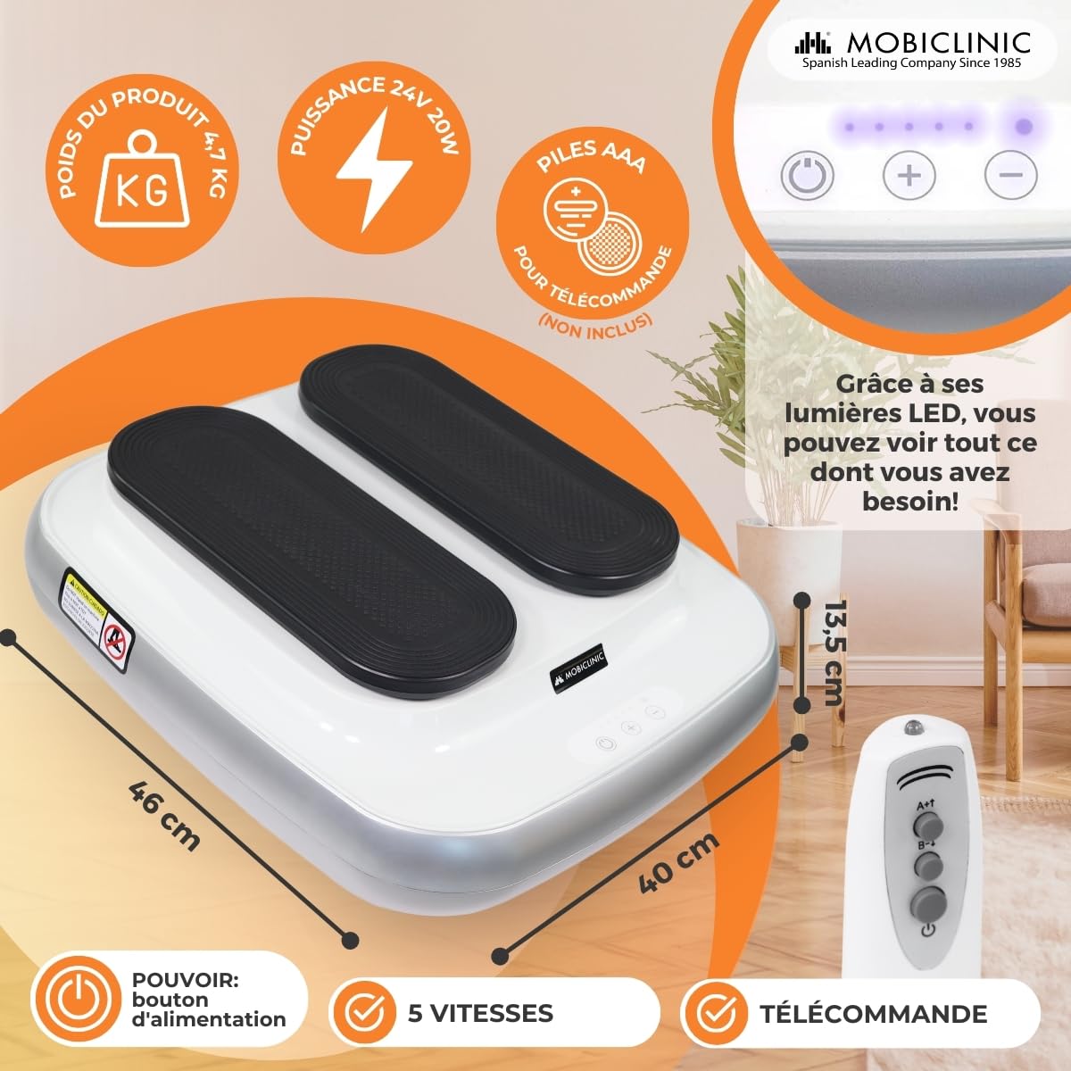 Mobiclinic, Exerciseur de Jambes Électrique, Legfit, 5 Vitesses, Marche Assise, 5 Vitesses, Appareil Circulation Sanguine, avec Télécommande, Vitesse Réglable, Blanc