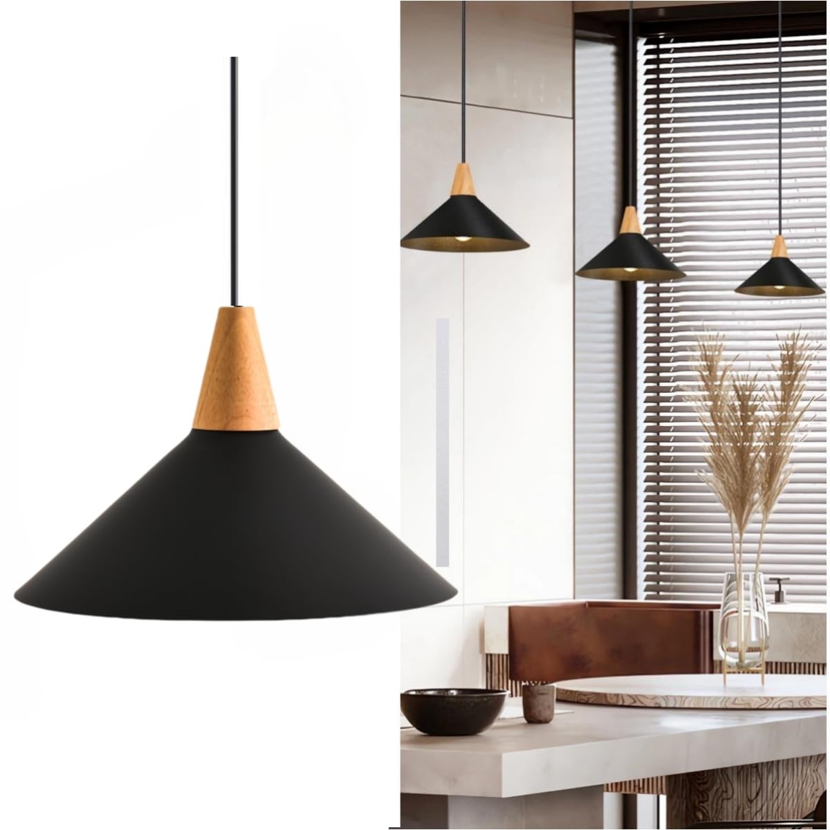 COSYLUX Farmhouse Pendant Light, Modern Light Fixtures Ceiling Hanging Lamp, Small Dinging Room Chandelier Over Table, Pendant Light Fixtures for Kitchen Island Living Room Bedroom Decor, Black