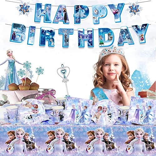Frozen Birthday Party Supplies, Ice Princess Party Tableware With Happy Birthday Banner, Tablecloth, Disposable Paper Plates With Napkins For Kids Girls Party Decorations #TOP5
