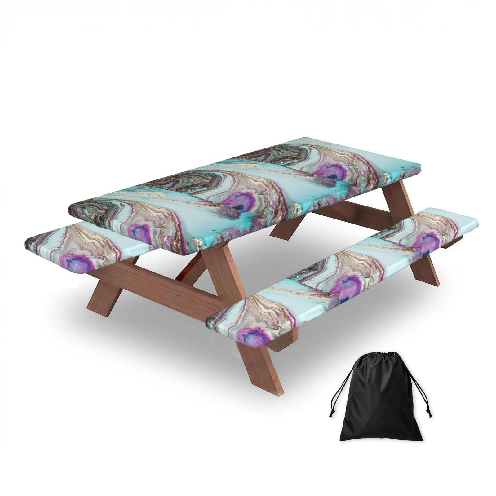 Dopklna As Picture Rainbow Agate Geode Rock, Picnic Table Cover With Bench Covers -Waterproof Elastic Fitted Tablecloth For Garden Camping Patio 76X152cm