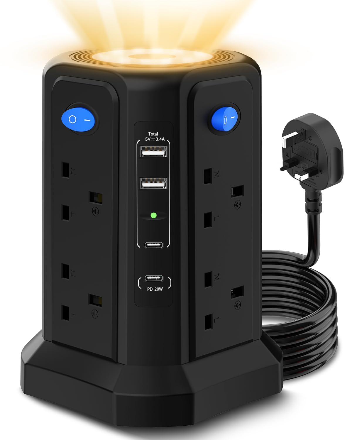 Tower Extension Lead 3M with USB Slots, (13A 3250W) PD 20W Fast Charger & Night Light, 4 USB Ports & 8 Way Surge Protected Extension Lead with 4 Independent Switch, Extension Cable for Home Office