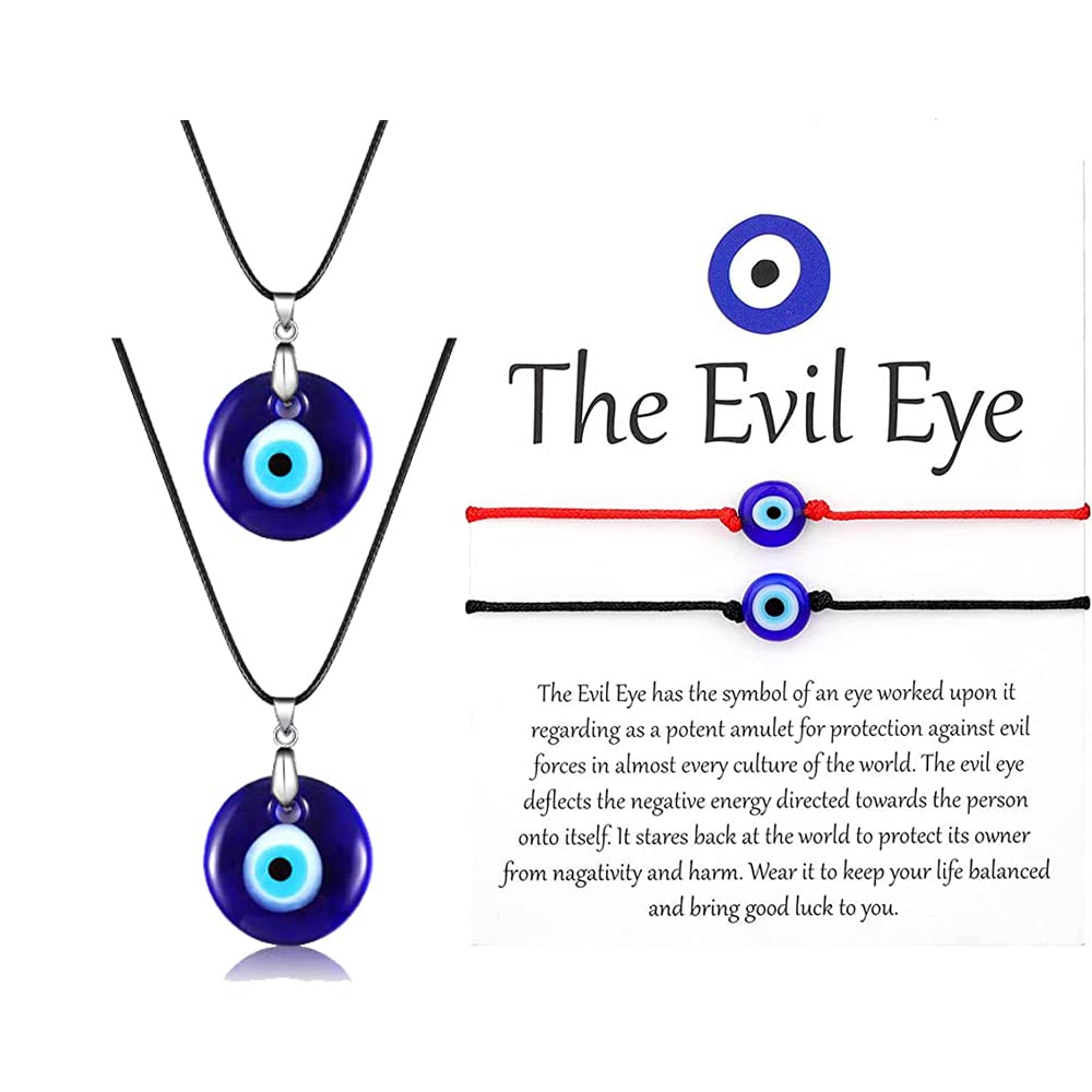 RUIZHEN 2 Pcs Evil Eye Necklace with 2 Pcs Evil Eye Bracelet Set Turkish Blue Eye Necklace Glass Eye Leather Rope Necklace for Women Men
