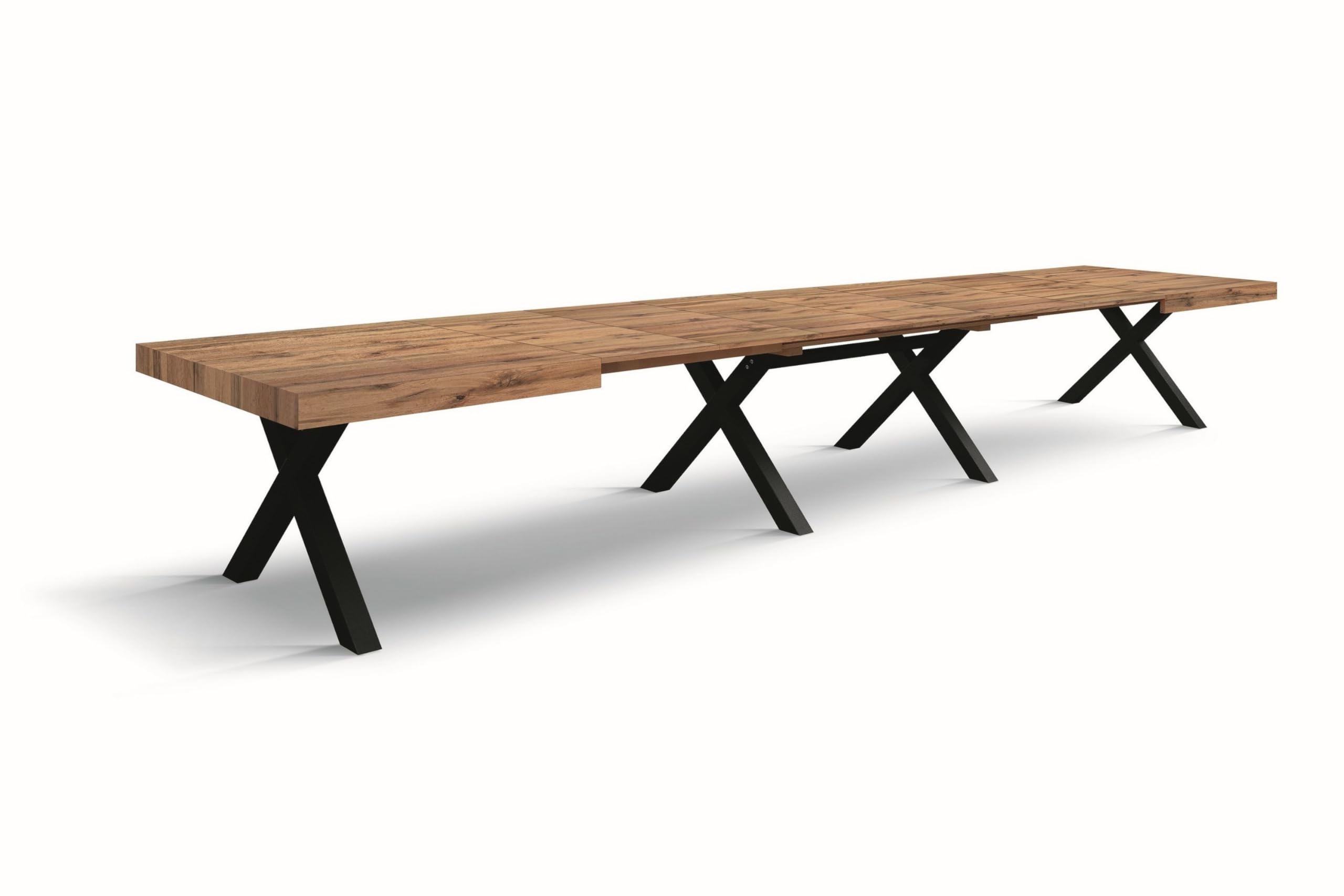 KONTE.DESIGN Tavolo GALLIPOLI in legno nobilitato effetto rovere rustico con gambe a X in legno antracite, allungabile 180x90 cm - 480x90 cm