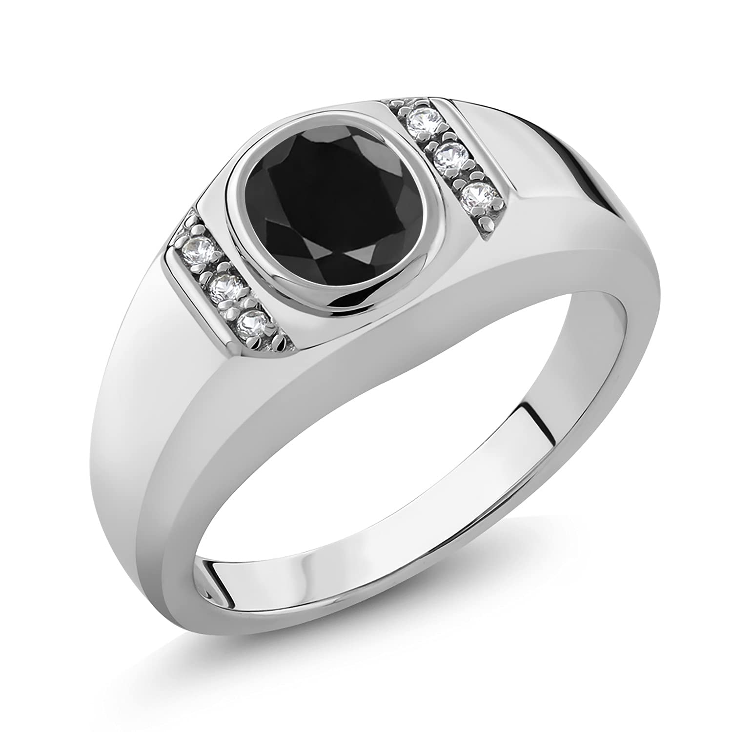 925 Sterling Silver Black Sapphire and White Created Sapphire Men's Ring (1.72 Ct Oval 8X6MM, Available in size 7, 8, 9, 10, 11, 12, 13)