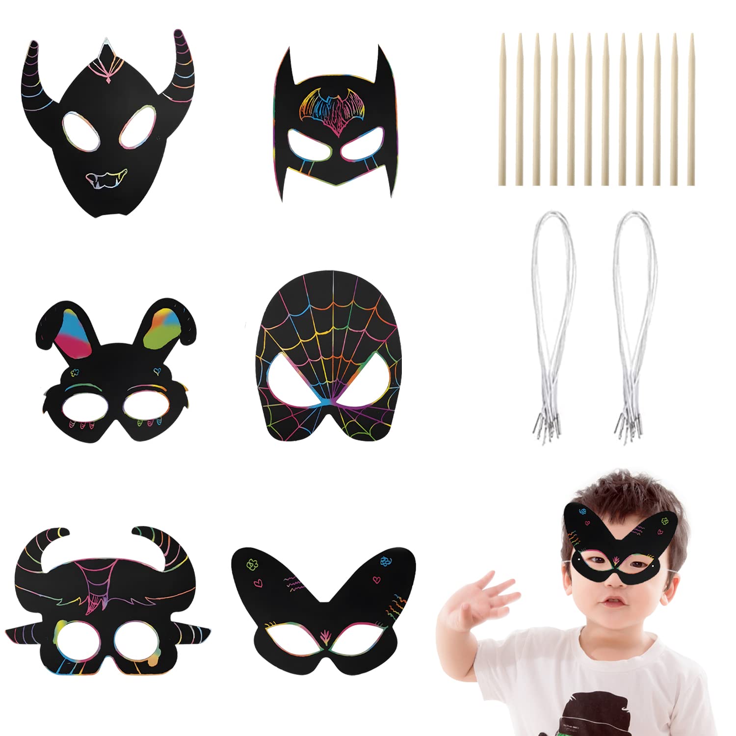 WACH AUF24 Sets Superhero Scratch Art Mask, Scratch Paper Animal Masks Colorful Scratch Mask with Elastic Band and Wood Stylus for Kids Party Craft Supplies Classroom Activities