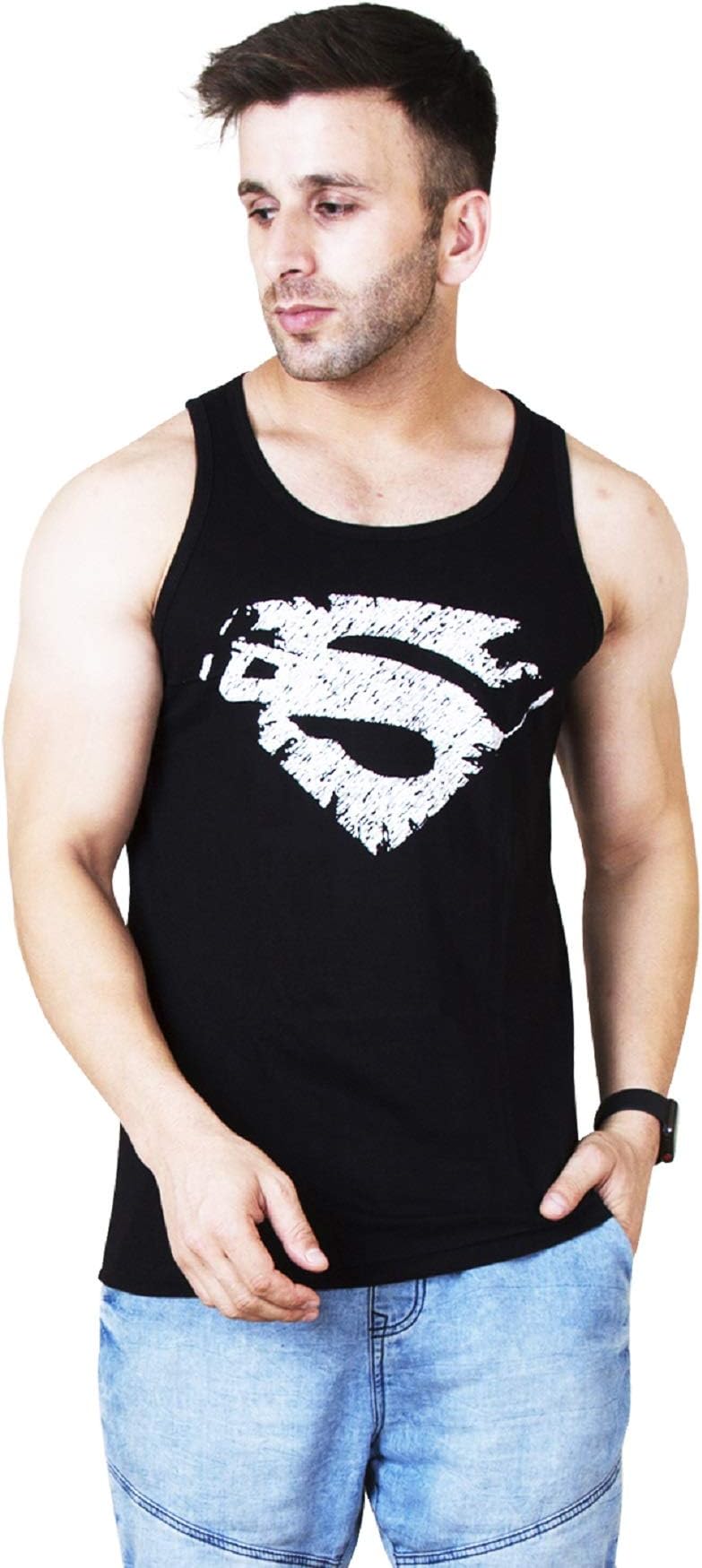 STYLENSE Men's Cotton Printed Sleeveless Regular Fit T-Shirt (New_DTB_G4_Super_Black_PPP_Black_P)
