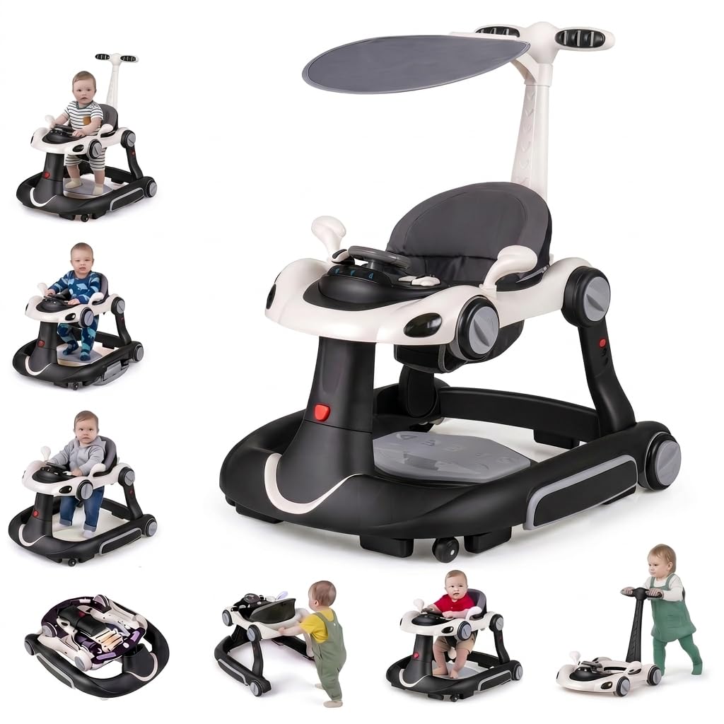 Maxmass 7 in 1 Baby Walker Folding Sit to Stand Learning Walker (Black)