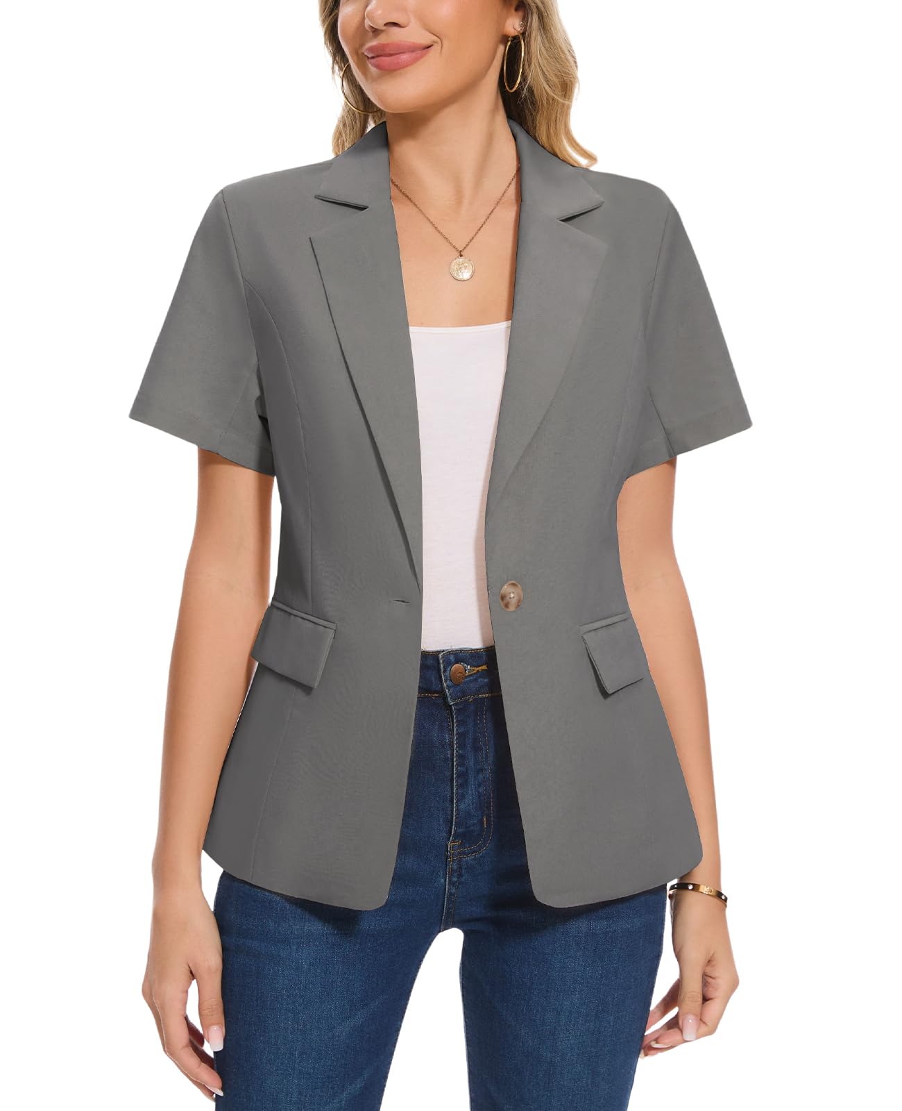 MINTLIMIT Womens Cotton Linen Blazer Jacket Short Sleeve Summer Casual Lightweight Button Lapel Blazers with Pockets