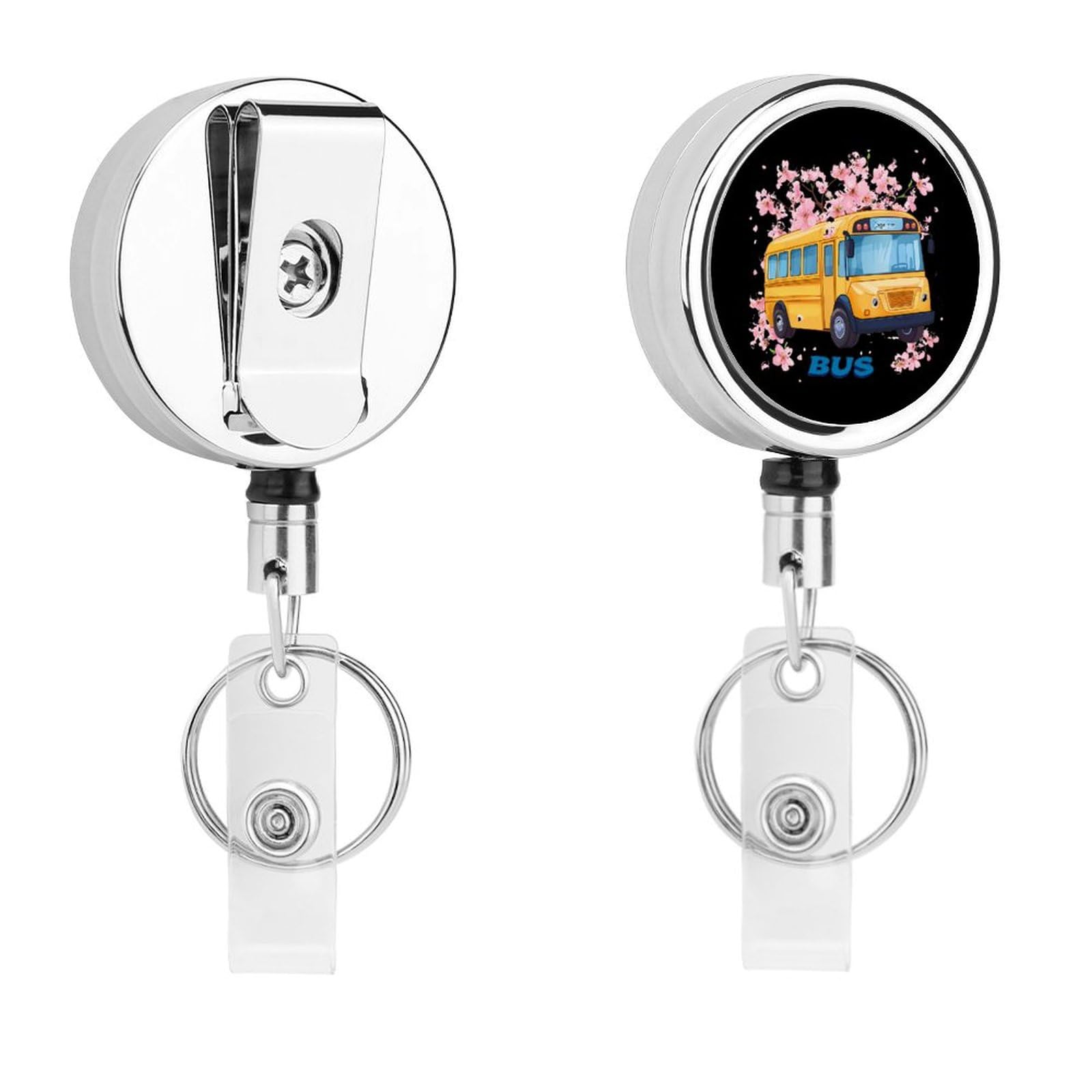School Bus Floral Retractable Badge Holder Metal ID Name Holder Key Ring with Belt Clip