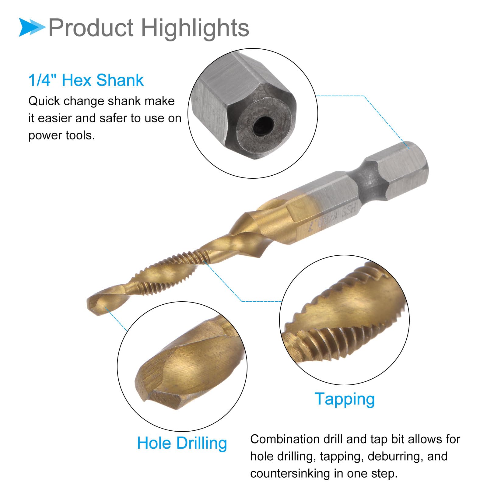 CoCud Combination Drill Tap Bit, M4 x 0.7 Thread Size 1/4" Hex Shank, 4341 Titanium Coated High Speed Steel Tools - Image 4
