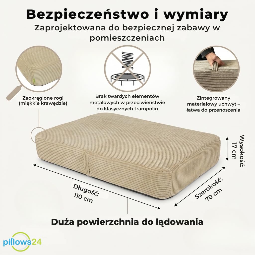 Poduszka do skakania dla dzieci 70x110x17 cm Trampolina domowa ze sprężynami i pianką Zdejmowany pokrowiec sztruksowy Grafitowy