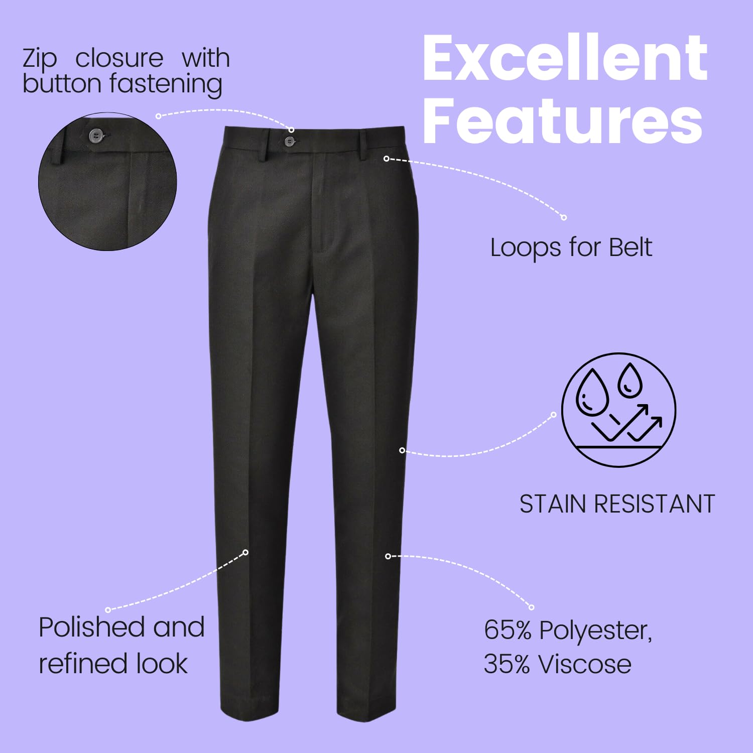 Pantalones de escuela de teflón delgados para niños con ajuste de cintura frontal plano y uniforme formal