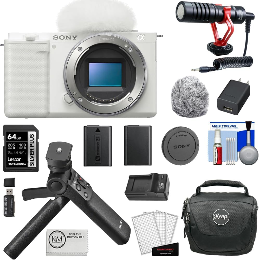 Sony ZV-E10 Mirrorless Camera | White Bundle with Sony GP-VPT2BT Wireless Shooting Grip + 64GB SD Card + Spare Battery and Charger + KC-25 Camera Bag+ Microfiber Cloth + Cleaning Kit + Microphone