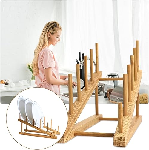 Miniatura 6 de TIE-DailyNec Paquete de 8 escurridor de platos de bambú, estante de secado de platos de madera, organizador de gabinete, soporte de tapa para olla,