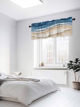 Blue Beach Coastal Valances for Windows, Summer Nautical Kitchen Curtains Window Treatment Decor, Ocean Seaside Beige Rod Pocket Short Window Valances for Living Room/Bedroom, 42