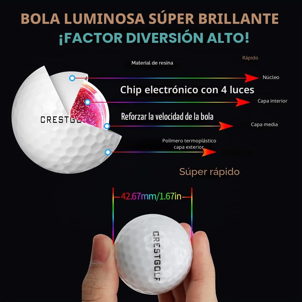CRESTGOLF 3 unidades/6 bolas de golf LED brillantes para la noche, 4 luces LED, bolas de golf muy brillantes y perfectas para golf de larga distancia