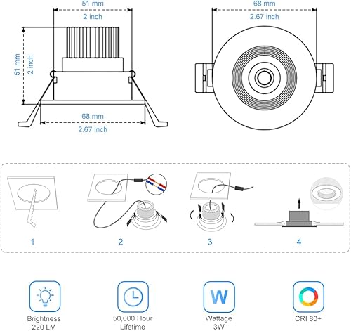 Miniatura 5 de Lámpara de techo empotrable LED de 2 pulgadas, luz descendente LED regulable de 3 W, 60 luces empotrables COB de ángulo de haz con controlador, luz