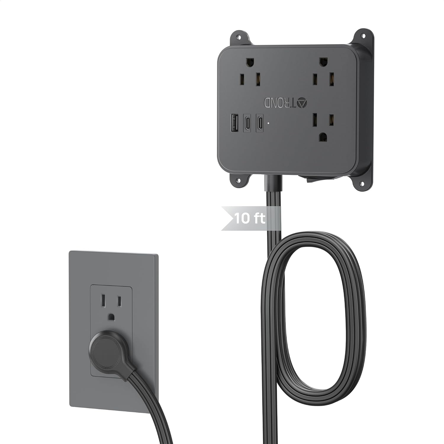 TROND Flat Plug Power Strip - 10FT Long Extension Cord with 3 AC Outlets, 2 USB-C Ports, 1 USB-A Port, Long Cord Desk Charging Station, Wall Mount for Home, Office Accessories, Dorm Room Essentials