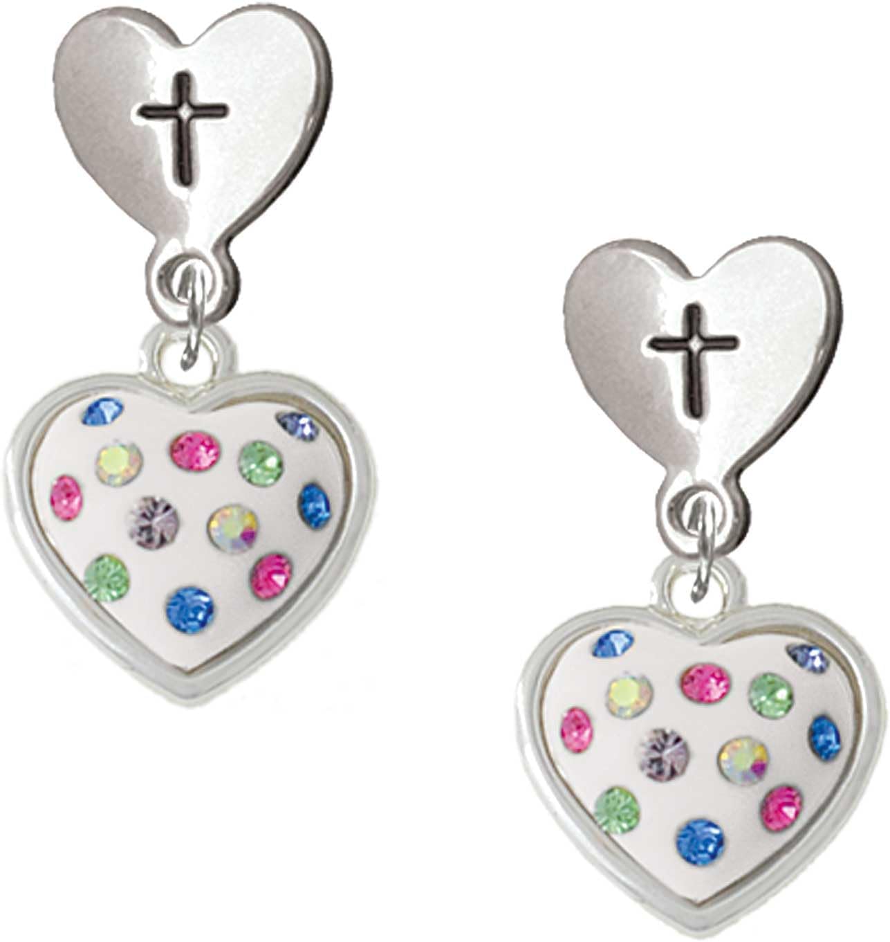 Delight Jewelry Silvertone White Resin Heart with Spring Crystals Cross in Heart Post Dangle Earrings
