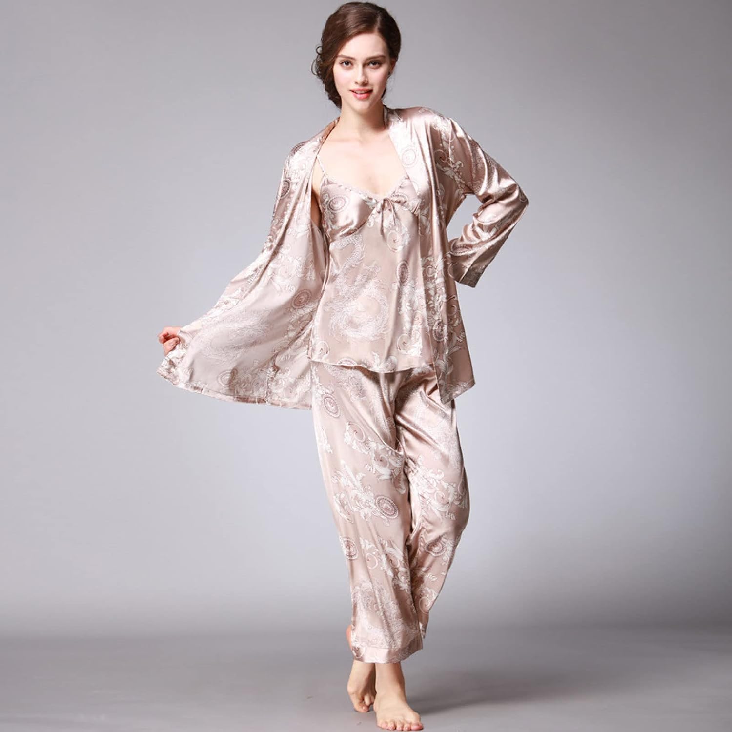 Women'S Silk Satin Pajamas Set - 3Pcs Dragon Pattern Floral Print Silky Pj Sets Sleepwear Cami Nightwear With Robe And Pant Sexy V-Neck Spaghetti Strap Nightwear Soft Homewear For Adults Outfits Suit