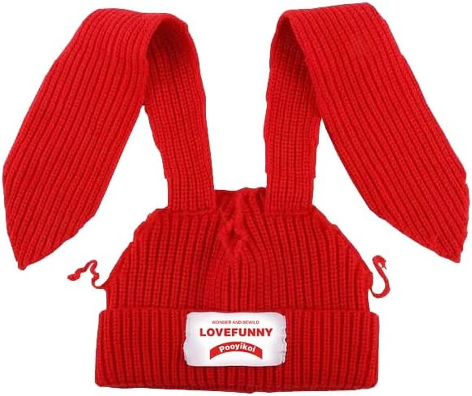 WOMGKDA Knit Beanie Hats for Women Men Cute Bunny Long Ears Plush Fluffy Soft Winter Cap Warm Knit Rabbit Crochet Outdoor Slouchy Hat, Red, One Size
