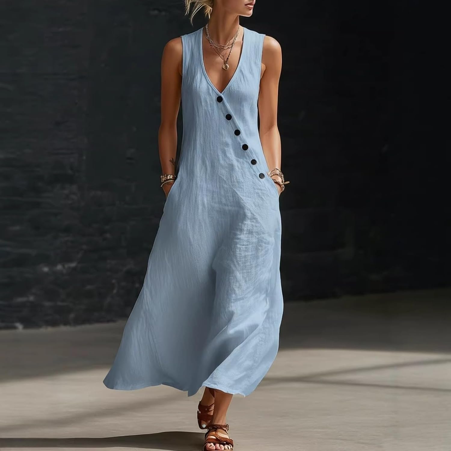 Aoleaky Women's V Neck Linen Maxi Dress, Sleeveless Tank Dress for Spring/Summer