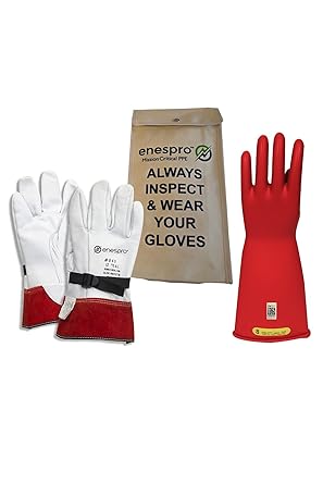 Enespro National Safety Apparel Class 2 Red Rubber Voltage Insulating Glove Kit with Leather Protectors, Max. Use Voltage 17,000V AC/ 25,500V DC (KITGC2R10), 10
