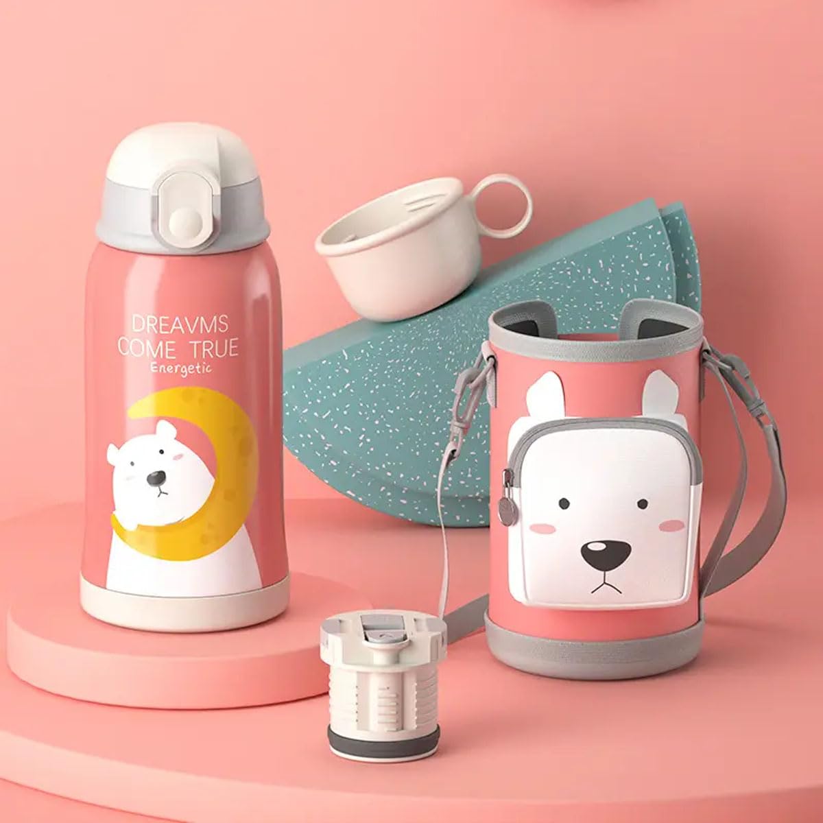 Kids Bottle for School Stainless Steel Insulated Water Bottle with Straw Children Cup 2 in1 Water Flask with Carrier Holder Shoulder Strap Spare Cover Lid 550ml (Bear)