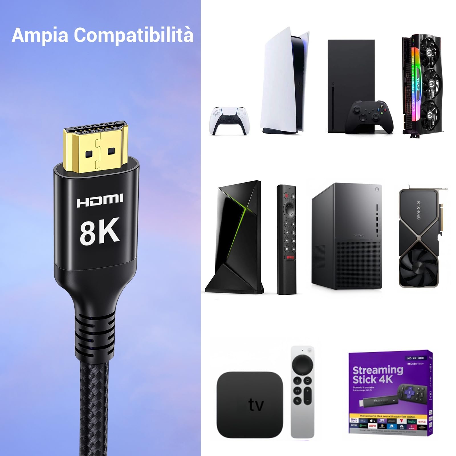 Etseinri 8K Cavo HDMI 15M, 8K 4K 30Hz Cavo HDMI Alta Velocità eARC Schermato HDR10+ HDCP 2.3 Ethernet D-olby Atmos Vision Cavi HDMI per TV PC Monitor Proiettore X-box