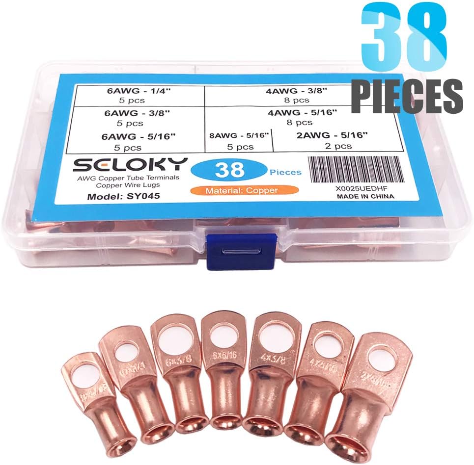Seloky 38pcs 7types Heavy Duty Wire Lugs Battery Cable Closed Ends Bare Copper Eyelets Tubular Ring Terminal Connectors Assortment Kit