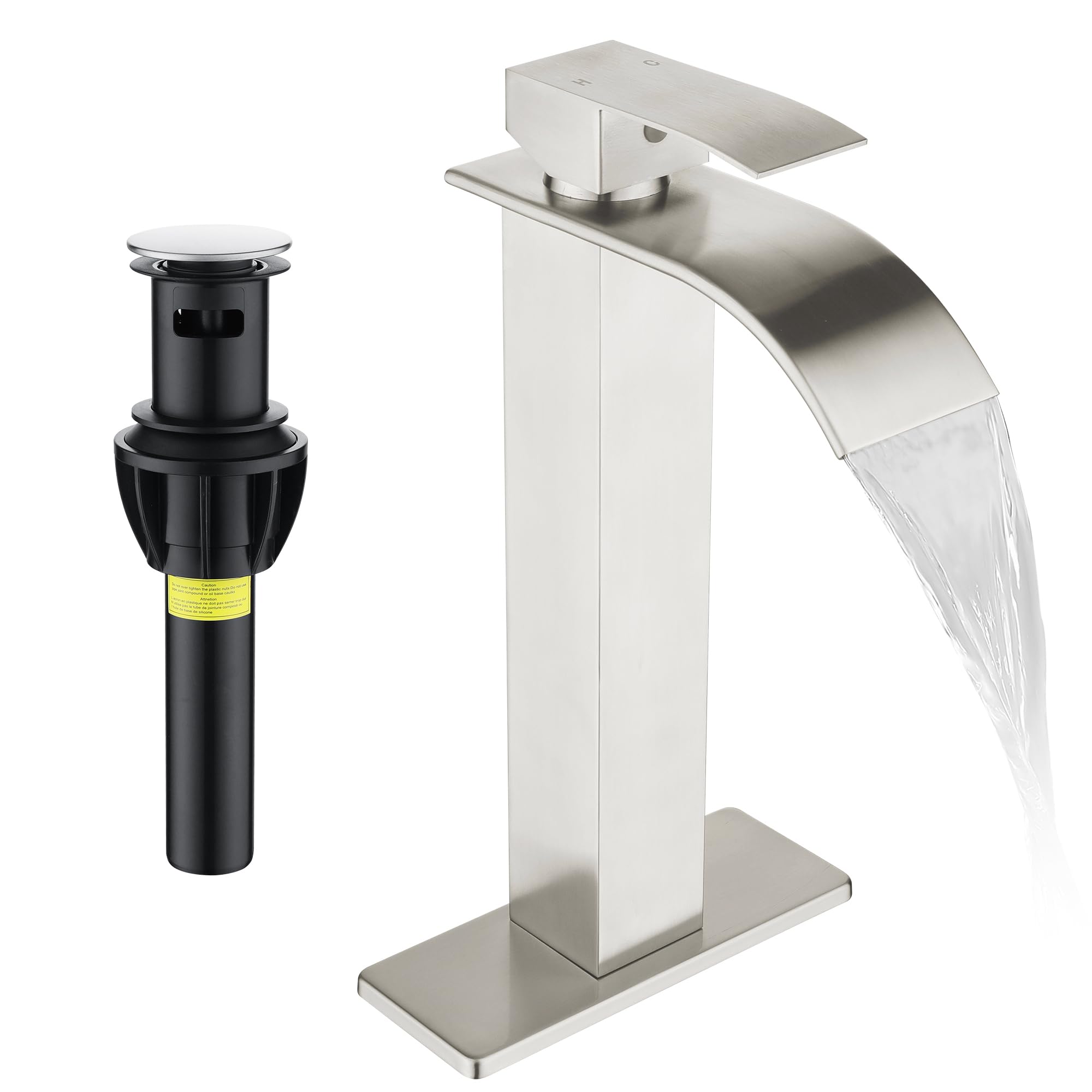 Nfusrxmbk Brushed Nickel Tall Vessel Sink Faucet Faucet For Bathroom Sink Tall Waterfall Bathroom Faucet Single Handle 1 Or 3 Hole Wash With Pop-Up Drain