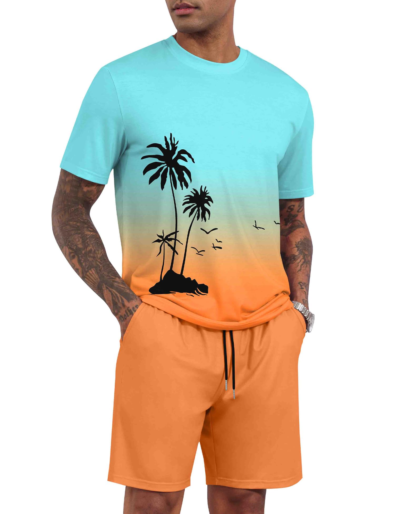 LecGee Men's 2 Piece Short Sleeve Tracksuit Tropical Graphic T Shirt Hawaiian Tee Solid Shorts Set Summer Casual Outfits
