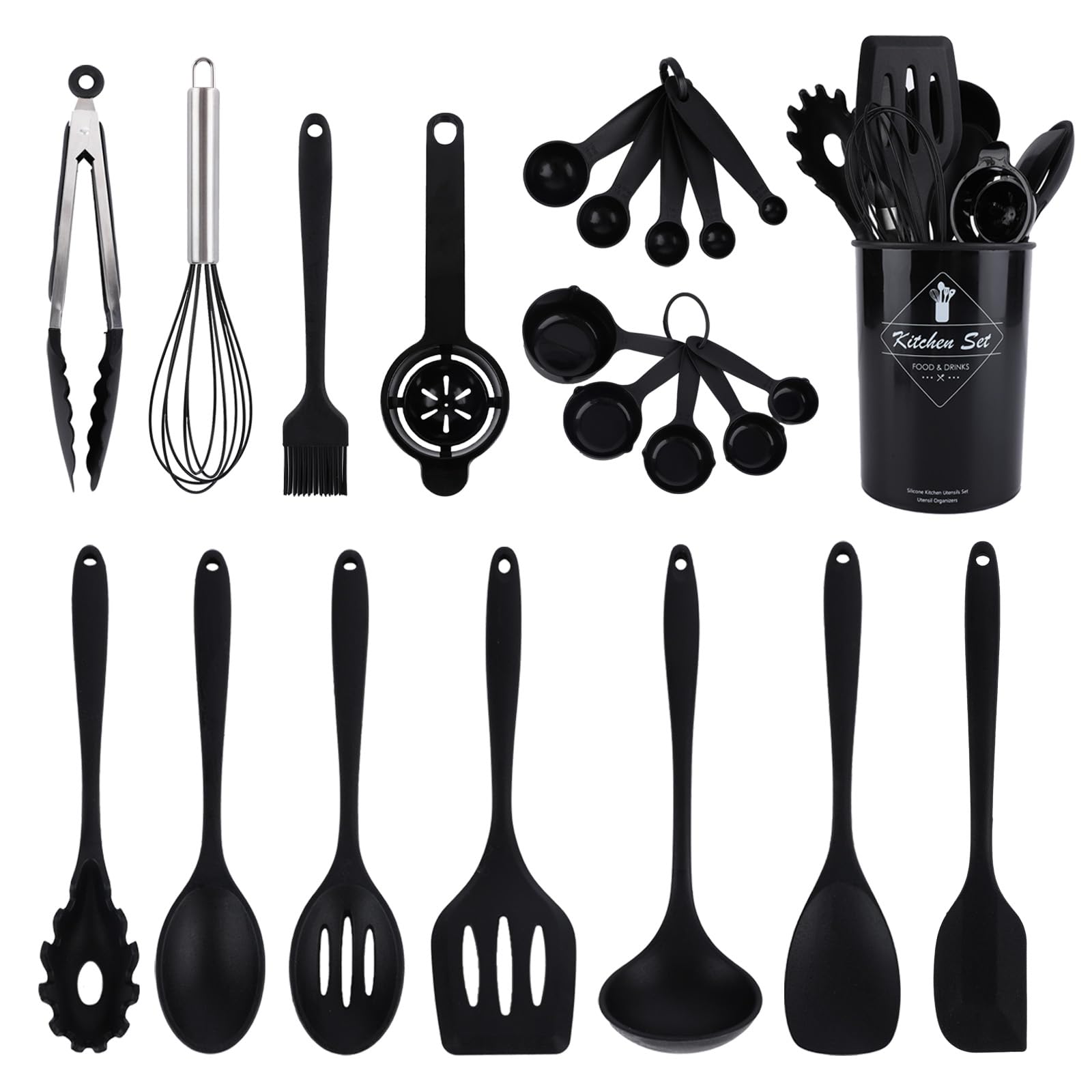 32pcs Silicone Kitchen Cooking Utensils Set, Cooking Utensils Set with Holder, BPA Free Food Grade Non Stick Coating Silicone Spatulas Kitchen Utensils, Heat Resistant & Easy Clean, Black