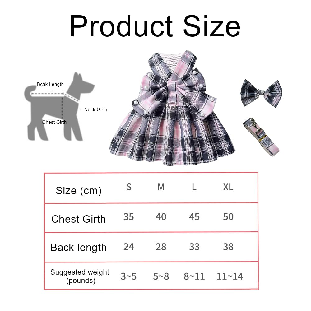 Robe pour Chien Élégante en Tartan Rose Et Noir avec Noeud Papillon Vêtement Canin Respirant pour Mariage Et Cérémonies pour Petit Moyen Grand (S)