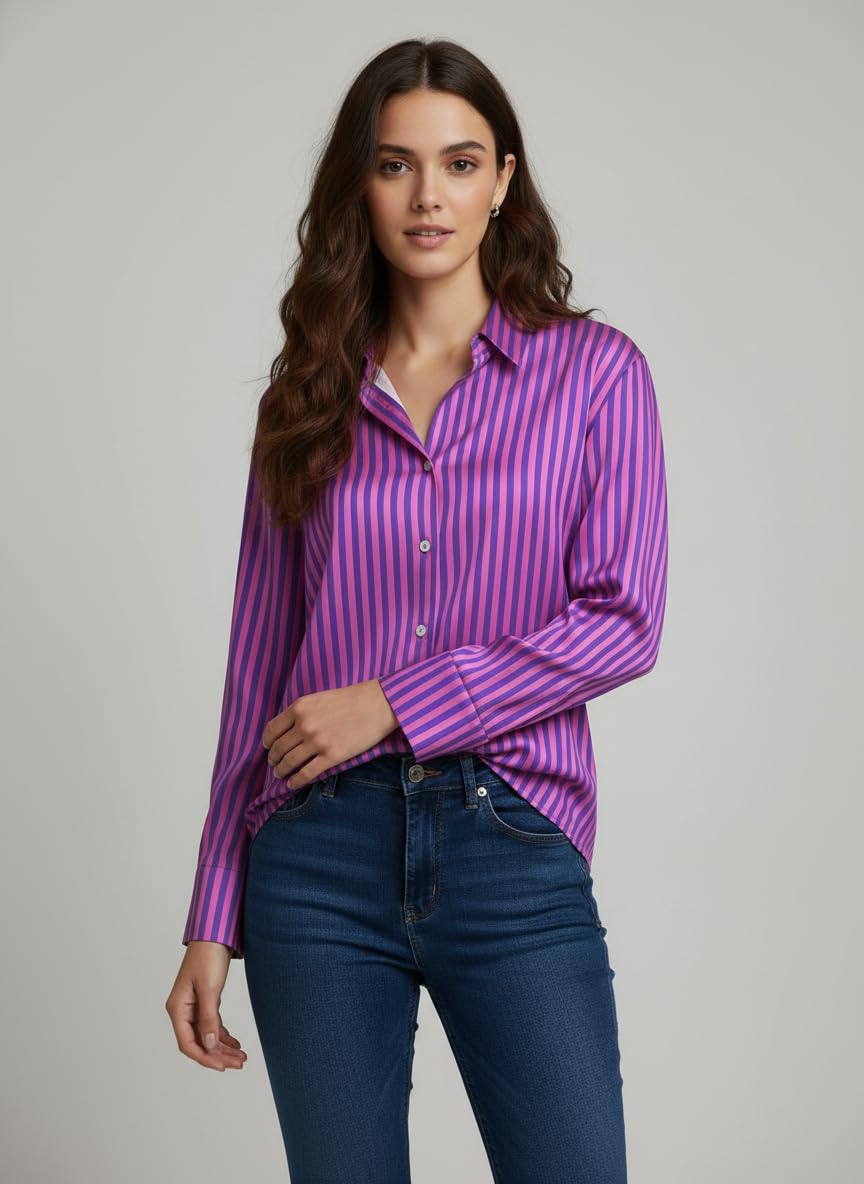 ANNI Designer Bedrucktes Damenhemd aus Baumwollmischgewebe, langärmelig, normale Passform, Hemdkragen, legere Bürokleidung, elegante Western-Kleidung für den Alltag, Hochzeit, Party
