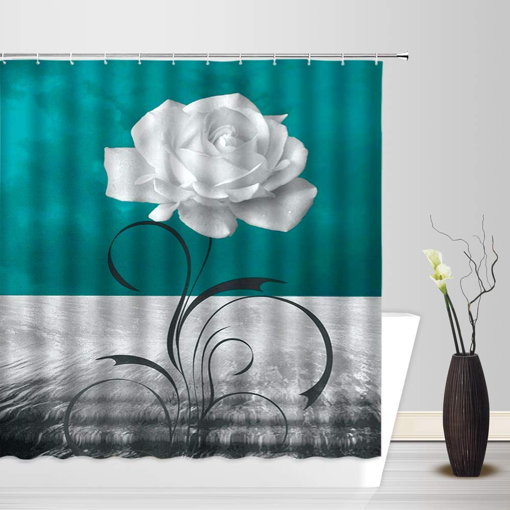 AMHNF Blue Gray White Flower Shower Curtain Elegant Rose Flower Abstract Leaf Gray Dark Teal Background Modern Prints Home Bathroom Decor Quick Dry Fabric Curtain with 12 Hooks?70x70 Inch?White Grey