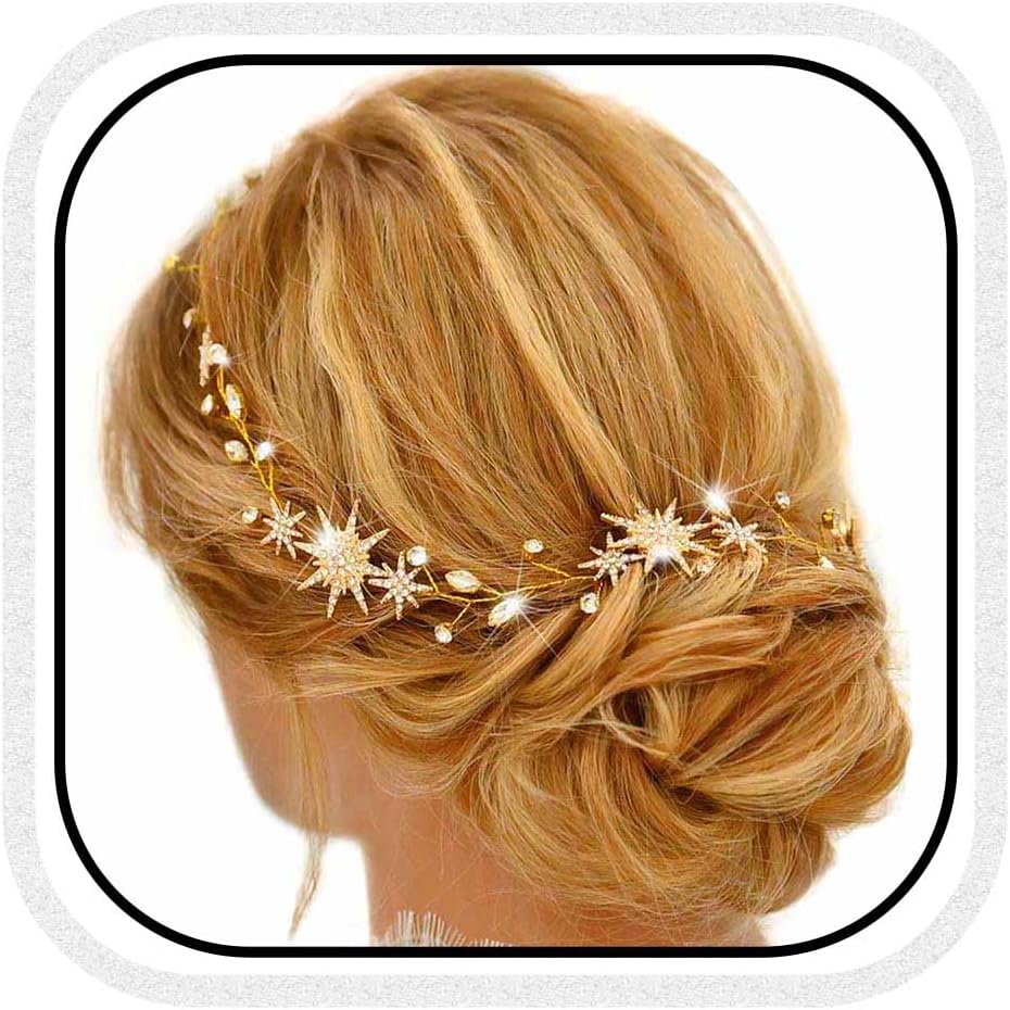 Unicra Star Rhinestone Bride Wedding Vine Gold Bridal Hair Piece Crystal Hair Accessory for Women and Girls (21 Inches) (Gold)