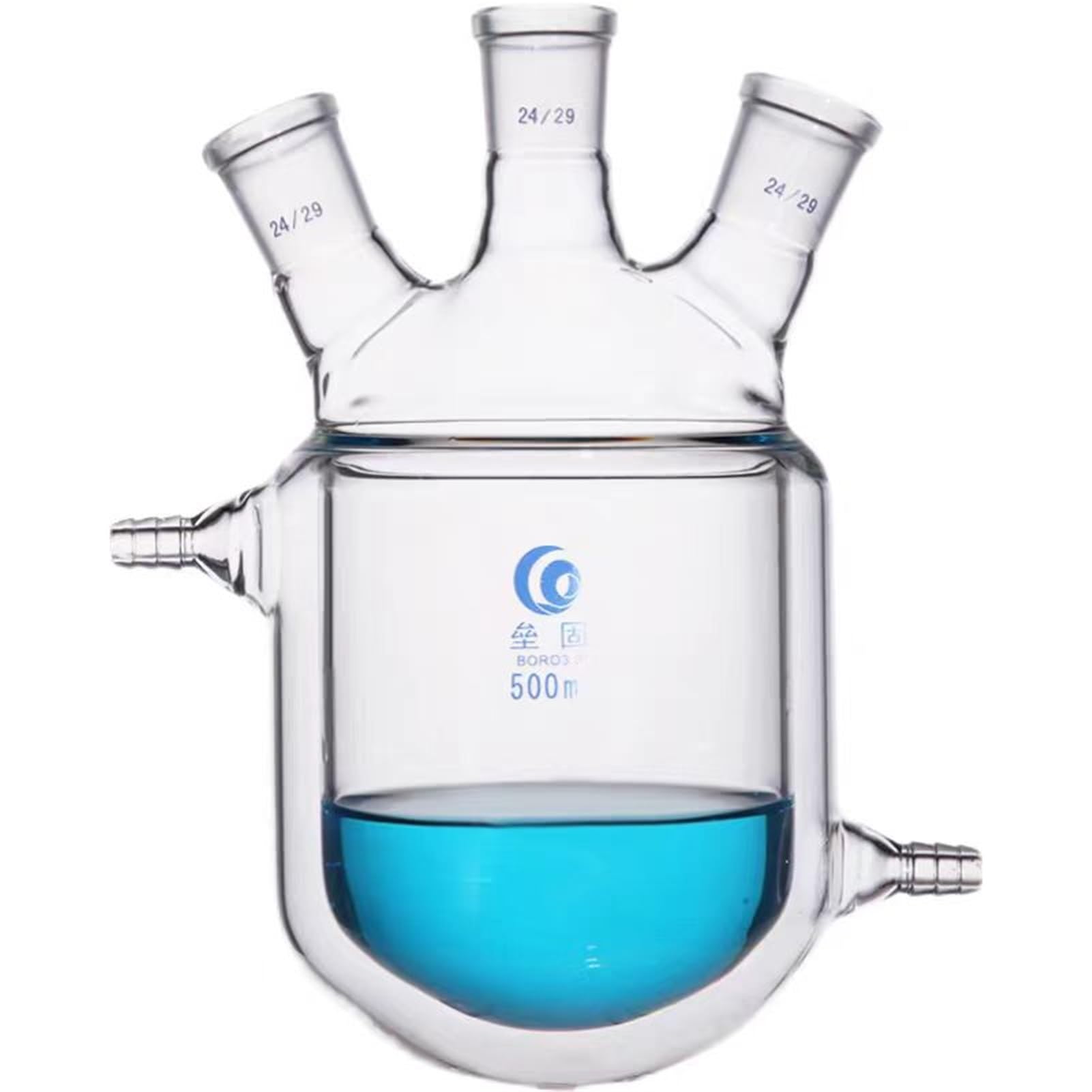 Frasco de reacción de Doble Capa de Laboratorio de Botella de reacción con Camisa de Vidrio de Cuatro Bocas de Fondo Redondo(500mL 24x24x24x24)