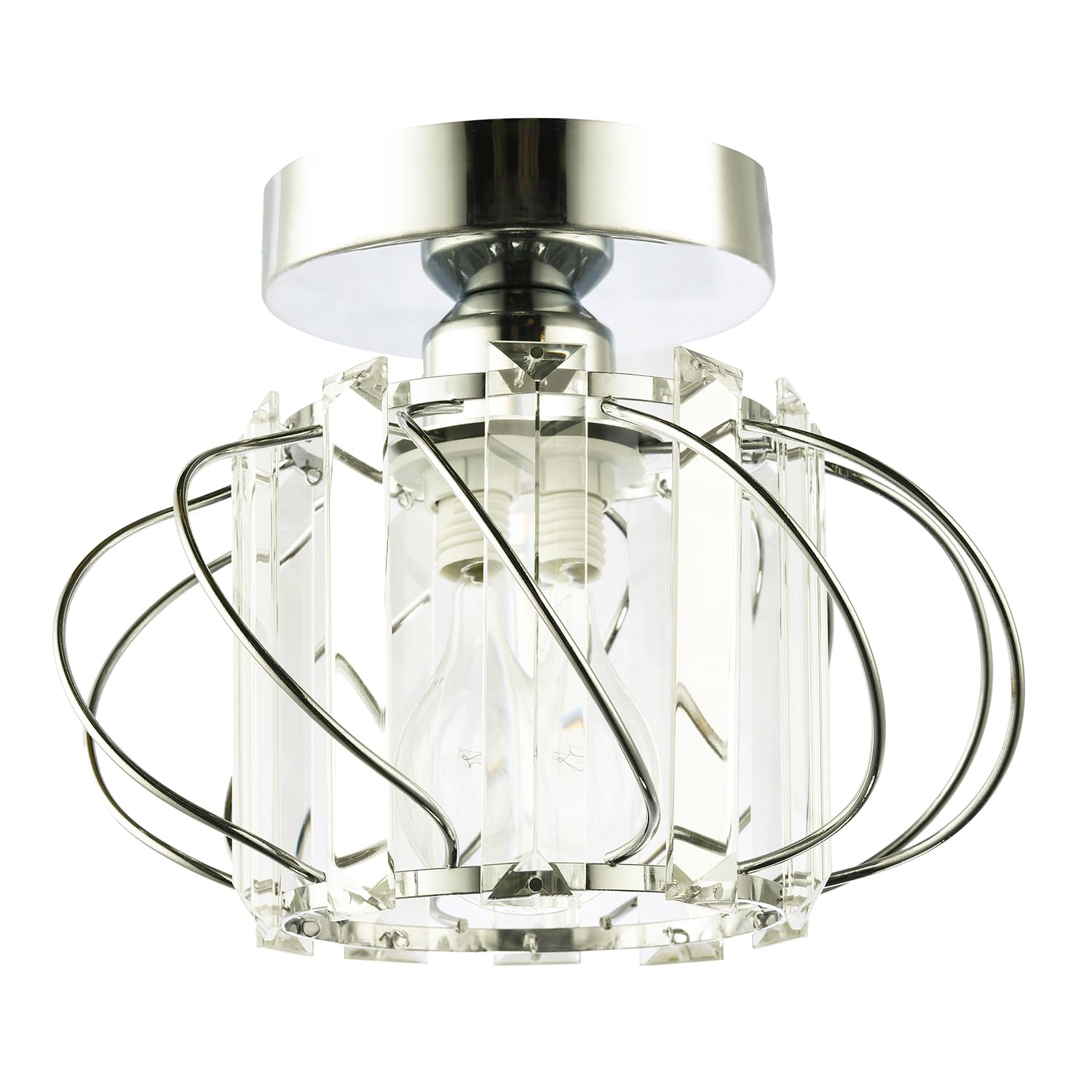 Happy Homewares Modern Designer Polished Chrome Ceiling Light Fitting with Twisting Metal Shade | 18cm x 22cm | 1 x 11w E27 | Clear Crystal Glass Rods