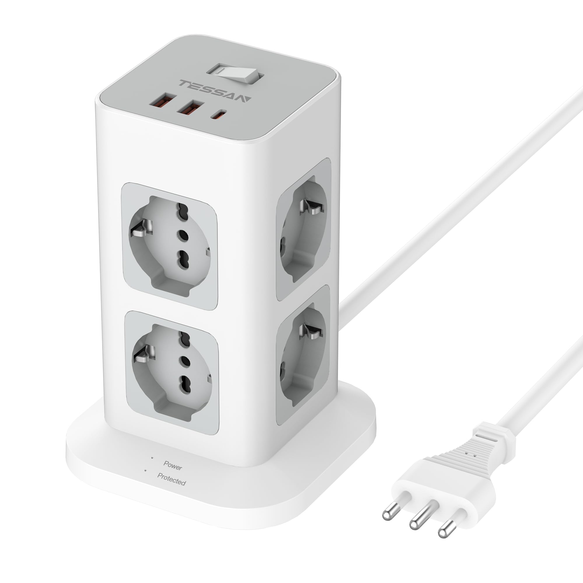 TESSAN Ciabatta Multipresa con USB 20W, Ciabatta Elettrica con 8 Prese IT 16A, Torretta Multipresa Protezione Sovratensione con Interruttore e Prolunga Elettrica 2 Metri, 3680W Presa, Girgio