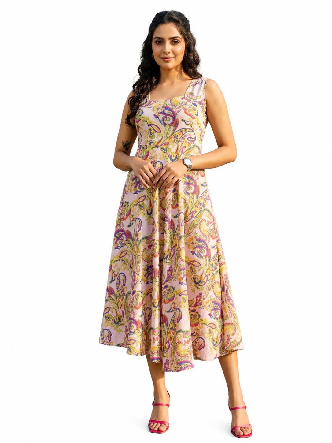 yash gallery Women's Chiffon Printed Square Neck Sleeveless Anarkali Maxi Dress-picture-27