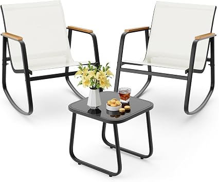 Aiho 3-Piece Patio Furniture Set, Outdoor Furniture with Textilene Fabric Rocker Chairs with Coffee Table, Patio Bistro Sets for Garden, Balcony, PoolsideWhite