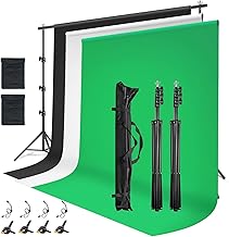 Greenscreen Hintergrund Set 2,6x3m mit Ständer – Fotohintergrundsystem mit 3 Stoffen (Grün, Weiß, Schwarz), höhenverstellbar, 4 Klemmen, 2 Sandsäcke & 4 Seile für Foto & Videoaufnahme