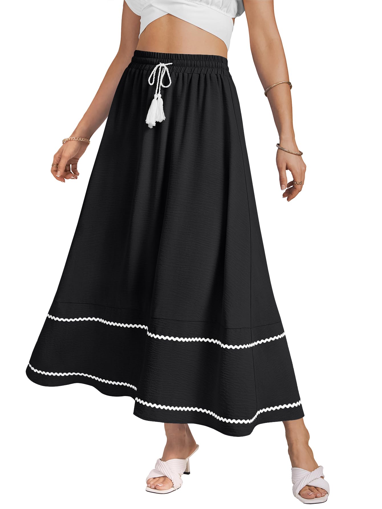 KIFOVEN Womens Flowy High Waisted Drawstring RIC Rac Trim Casual Long Skirts