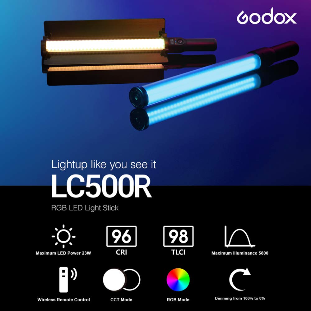 Godox LC500R - Chiavetta portatile LED RGB, CRI96 TLCI98, 2500 K-8500K, regolabile, luce LED portatile a 360° con modalità musica, modalità RGB, modalità CCT e 14 effetti di illuminazione FX