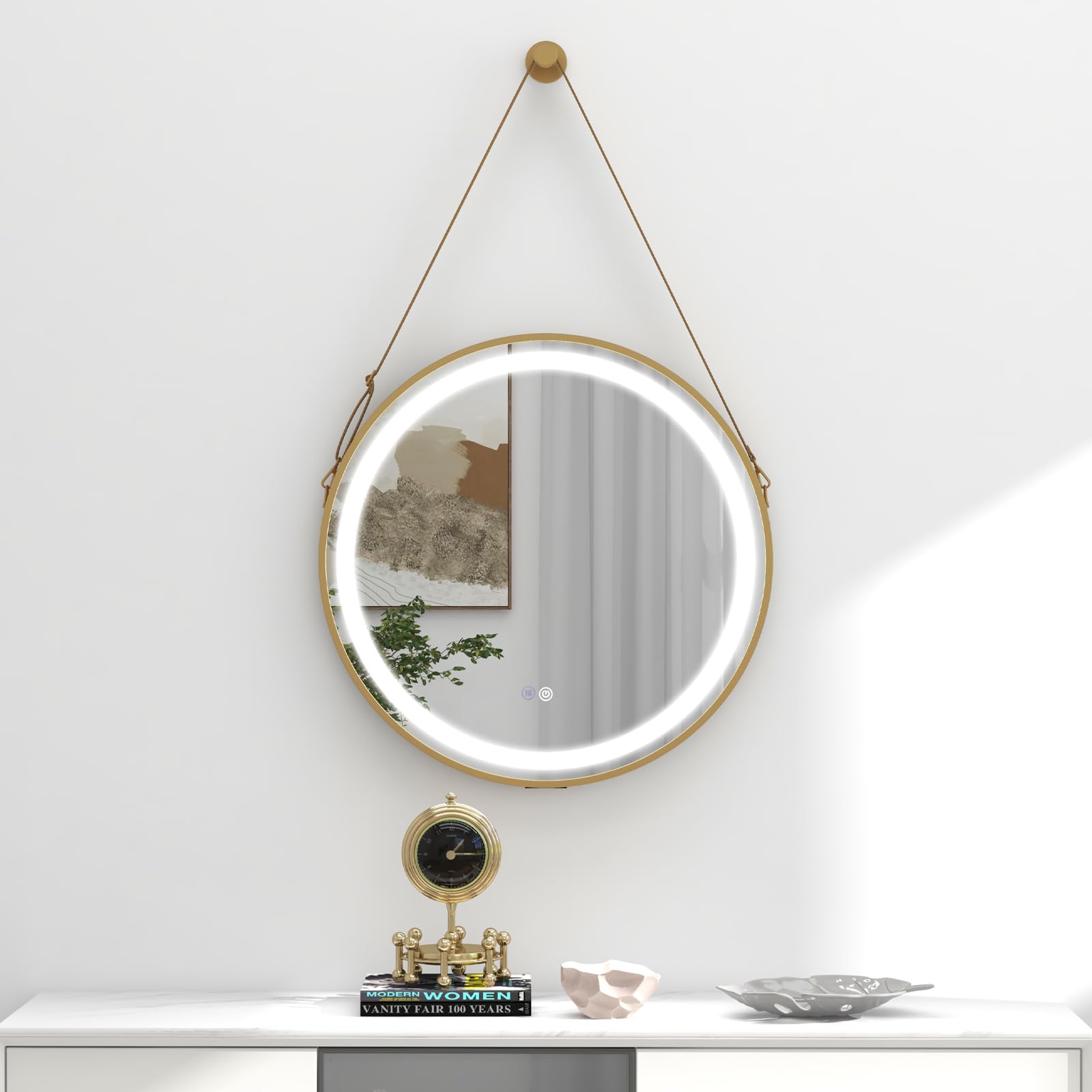 RELAX4LIFE 600mm LED Illuminate Bathroom Mirror, Hanging/Wall Mounted Makeup Round Mirror with 3-Color Dimmable, Memory & Anti-Fog Function and Strap, Decorative Circle Vanity Mirror (Gold)