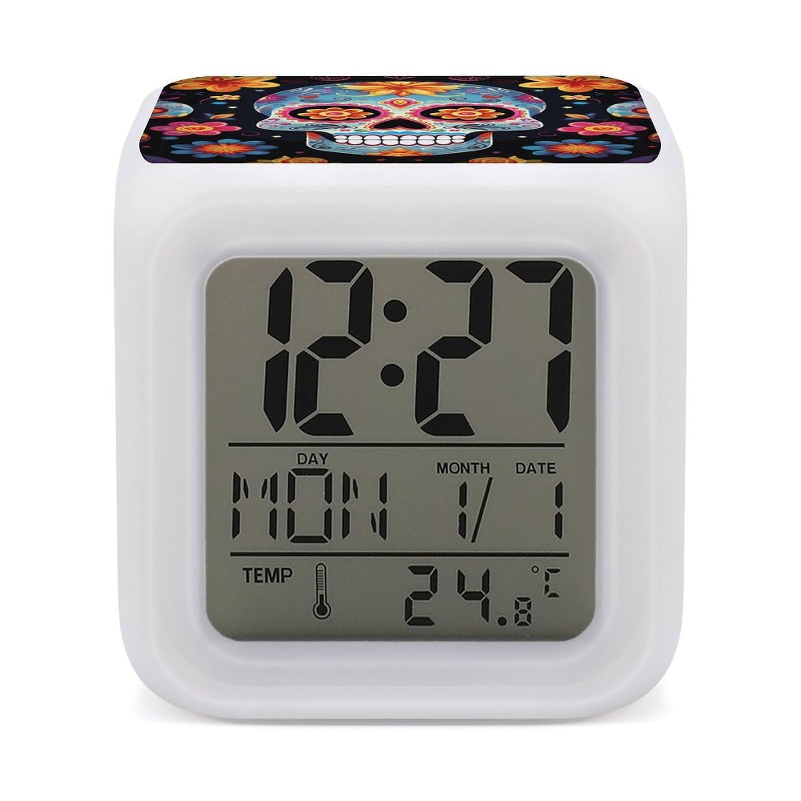 FekiLoot Sugar Skulls Alarm Clock for Heavy Sleepers Small Digital Alarm Clock with Date Temperature Wake Up Digital Clocks with 7 Colors Changing Desk Clocks for Bedroom Bedside Nightstand
