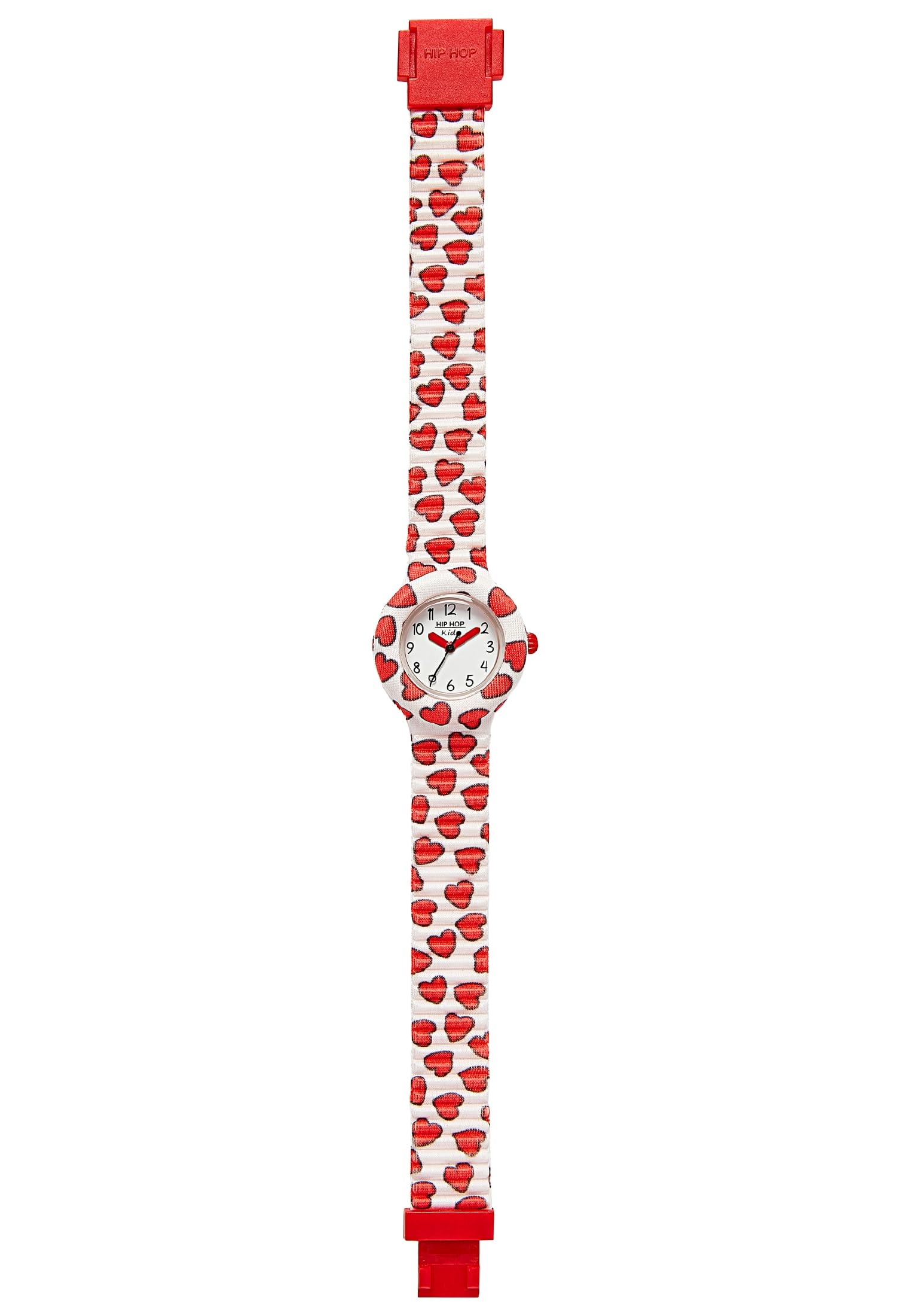 Hip Hop, Collezione Happy Love, Orologio Bambina, con Cinturino in Silicone Intercambiabile, Pratica Chiusura, Lunetta Bianca, Numeri Neri, Cassa 28 mm, Movimento al Quarzo, Bianco con Cuoricini Rossi